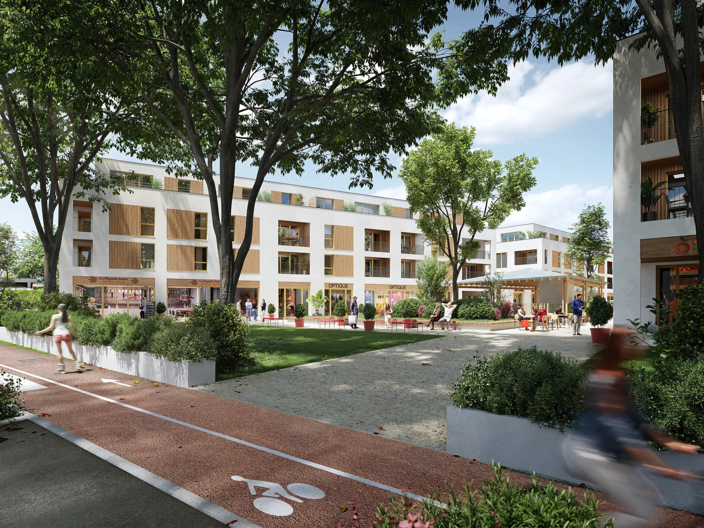 Le parvis de la résidence de jour : boulangerie et opticien en rez-de-chaussée, pelouse et terrasse ombragée, piste cyclable longeant la place