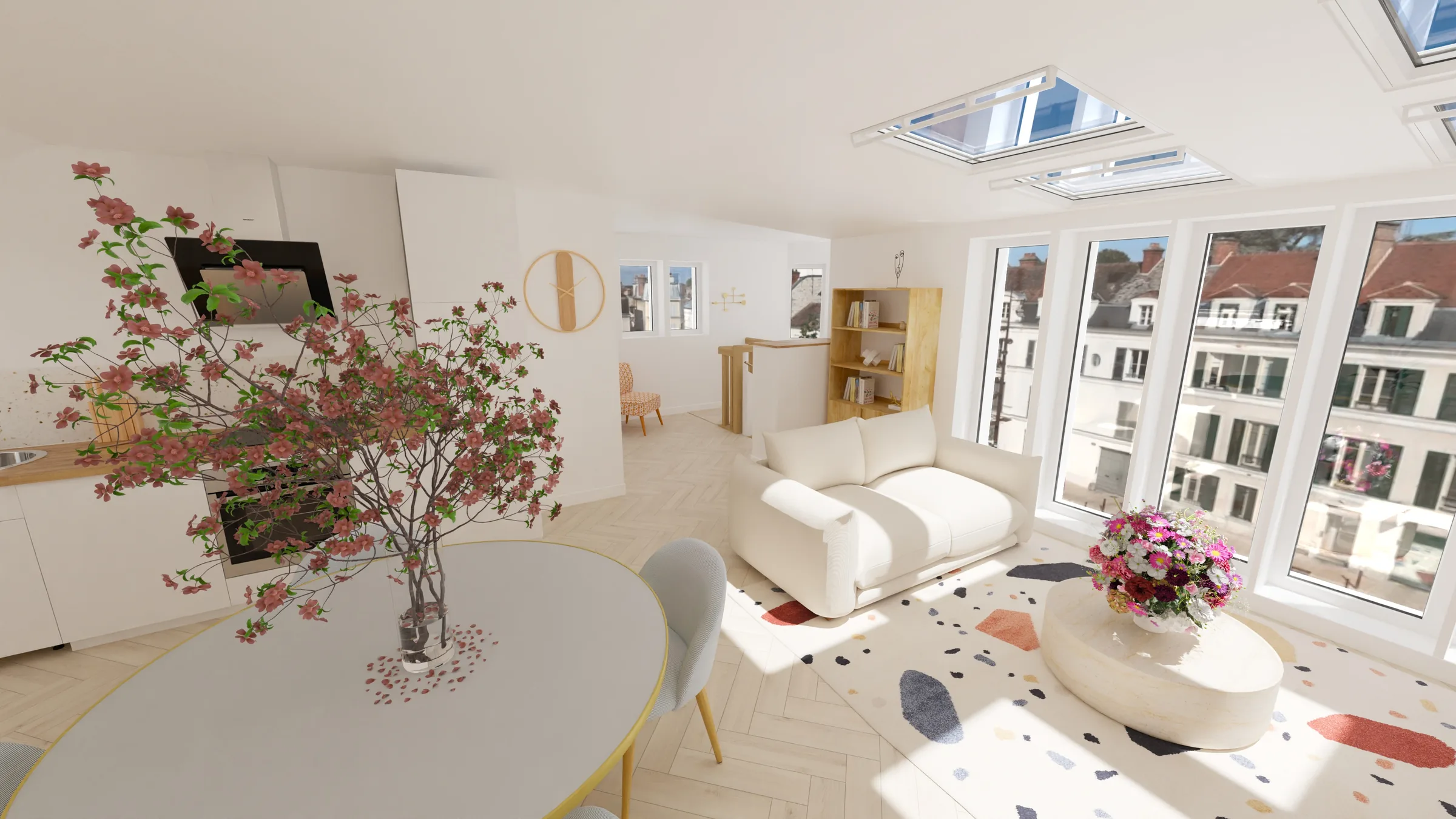 Séjour d’un appartement du dernier étage : parquet à chevrons, cuisine ouverte, verrières de toit et baies toute hauteur donnant sur les toits d’ardoise de Rouen ; table ronde, canapé clair et tapis en terrazzo