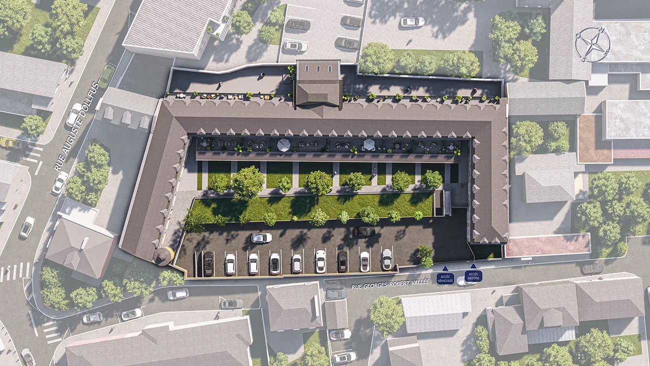 Plan de masse : les bâtiments en U autour du jardin et le stationnement, vue aérienne