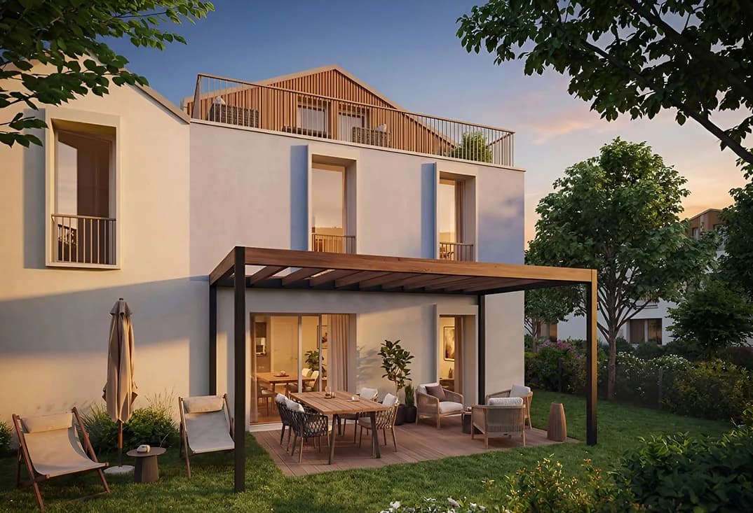 Une maison des Villas Grande Borde à Bayonne : terrasse sous pergola ouverte sur le jardin, perspective