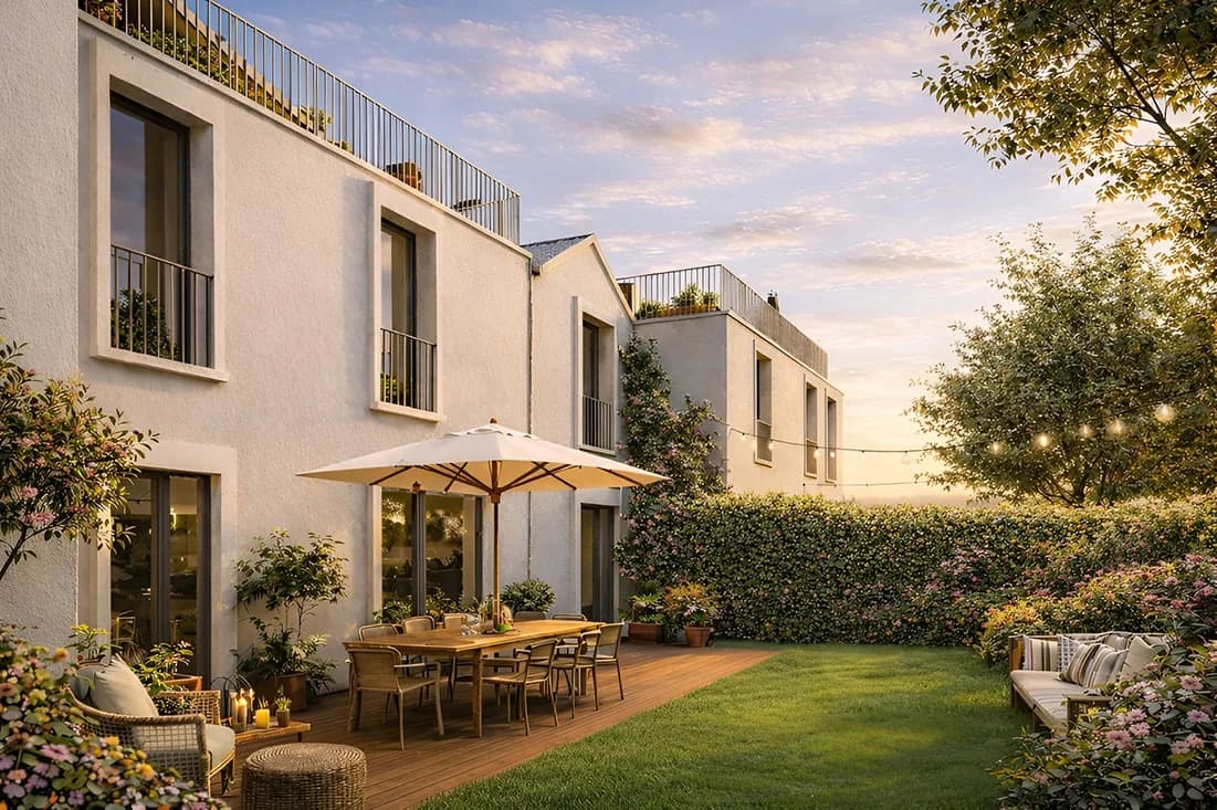 Maisons avec jardins privatifs et solarium en toiture, au coucher du soleil, perspective