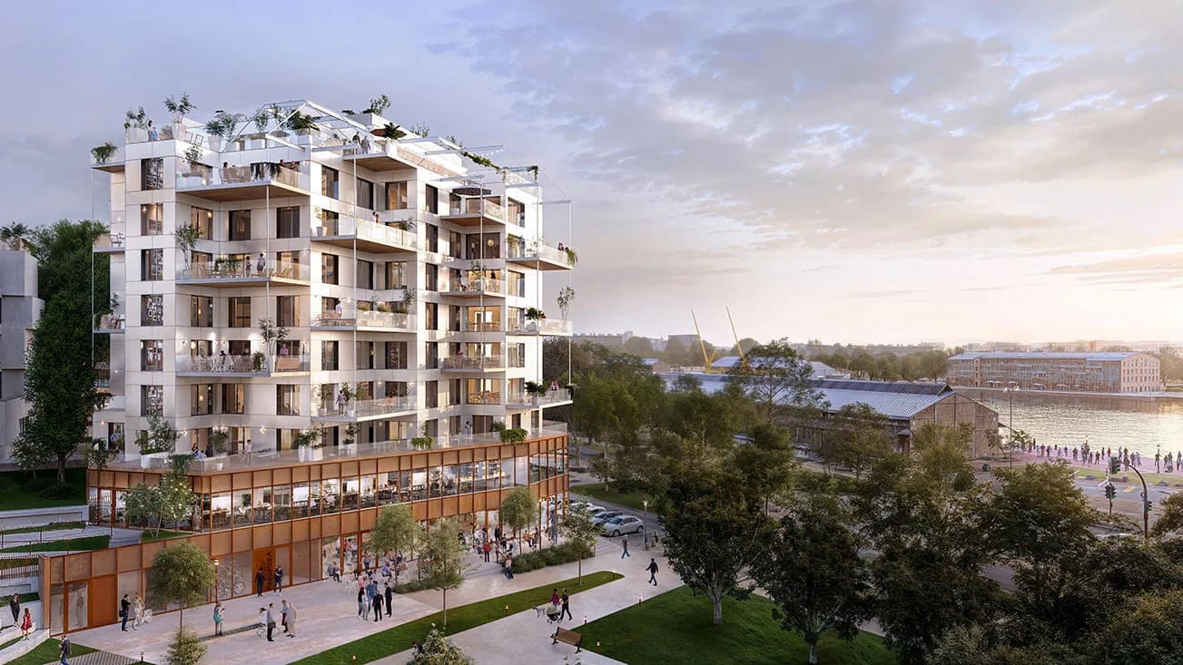 Le Quai des Arts au bord de la Seine à Rouen : immeuble blanc à terrasses végétalisées, perspective