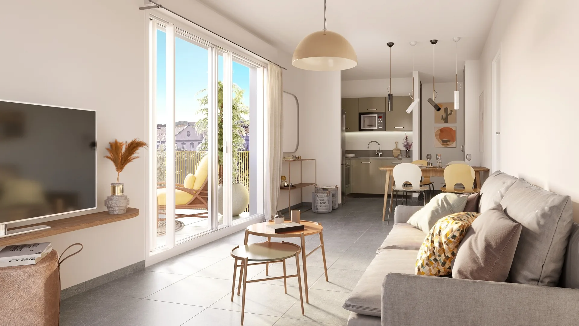 Séjour lumineux d'un appartement de Boréal : canapé, coin repas, cuisine ouverte et porte-fenêtre sur la terrasse
