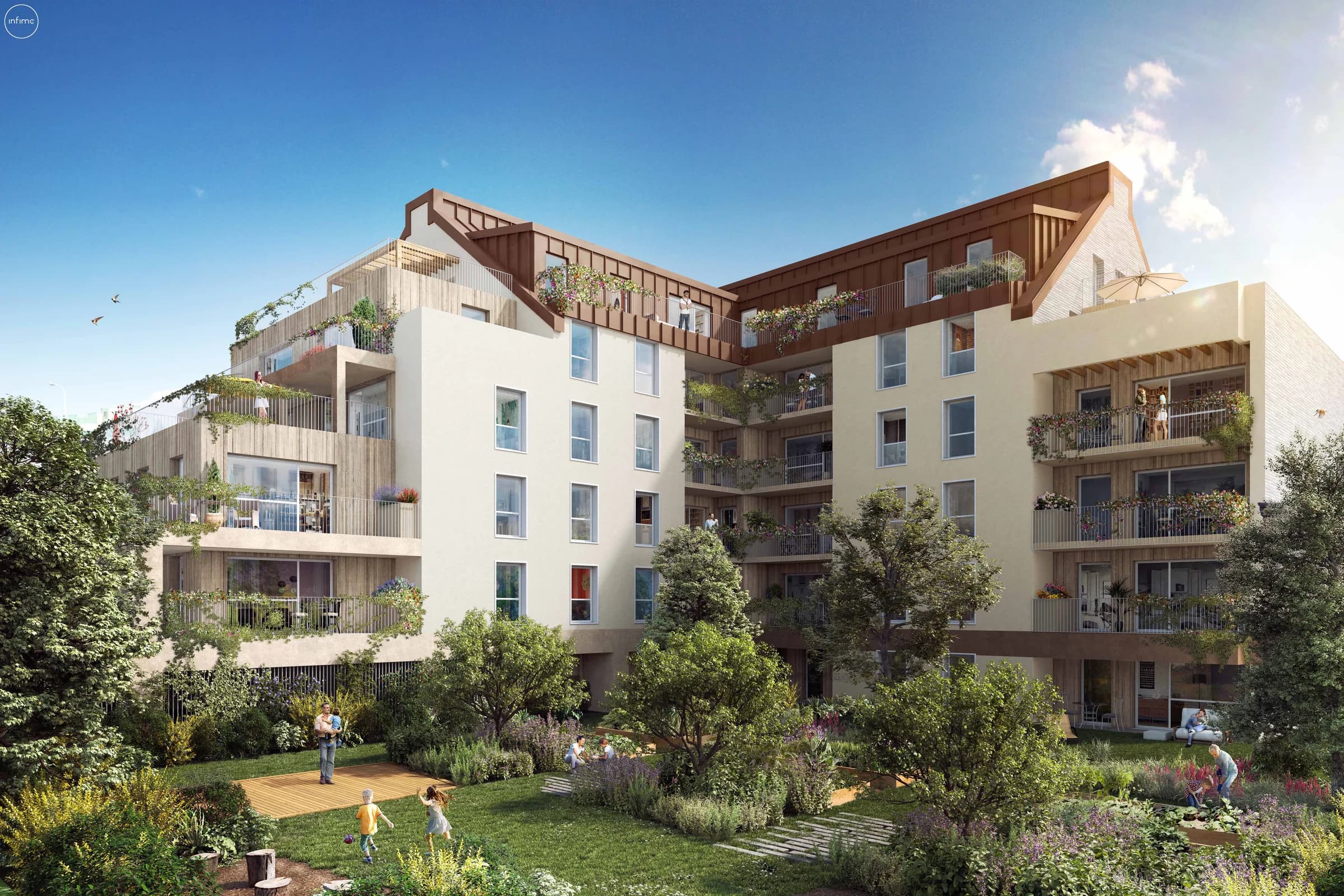 La résidence côté jardin : balcons filants et terrasses en attique, arbres, cheminements et pelouse au pied de l’immeuble