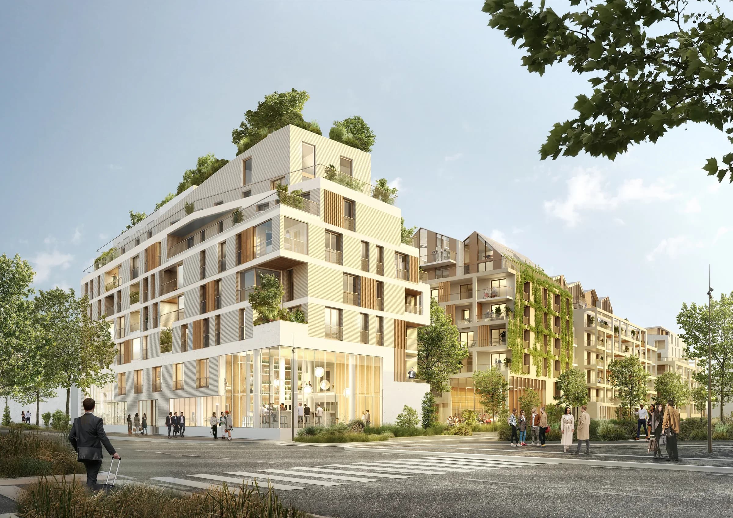 Perspective du 116 à l’angle de l’avenue : volumes blancs à claires-voies bois, toitures-terrasses plantées d’arbres, commerce vitré en rez-de-chaussée et façade végétalisée sur l’immeuble voisin