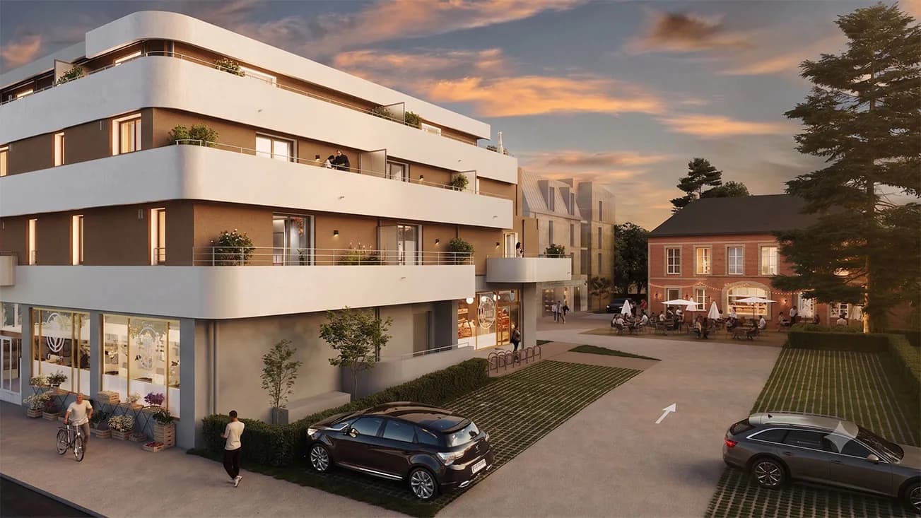 Le Faubourg Saint-Antoine à Bois-Guillaume : balcons arrondis et commerces en pied d'immeuble au crépuscule, perspective