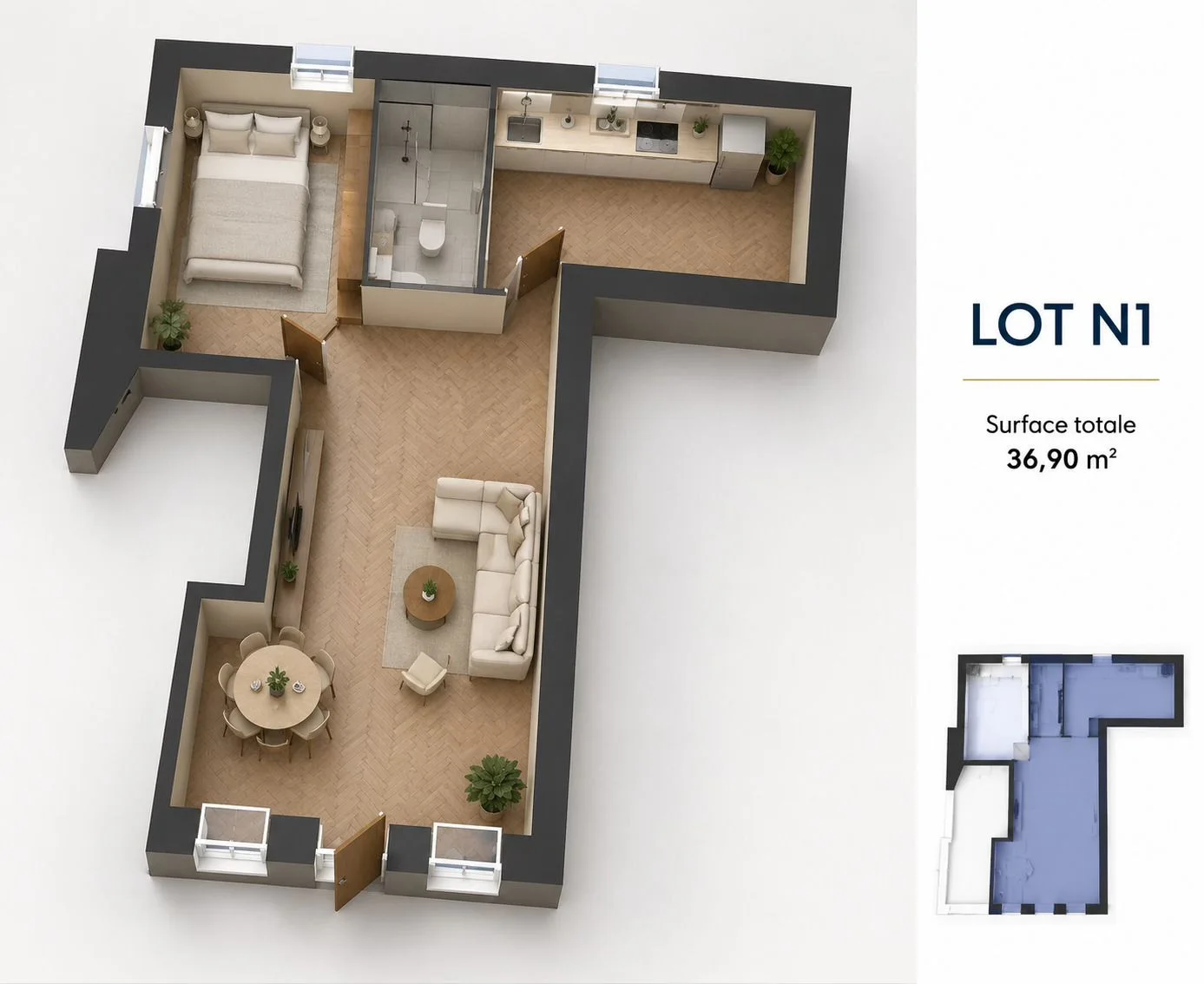 Vue 3D meublée du lot 1, T2 de 36,90 m² au rez-de-chaussée (projection après travaux, non contractuelle)