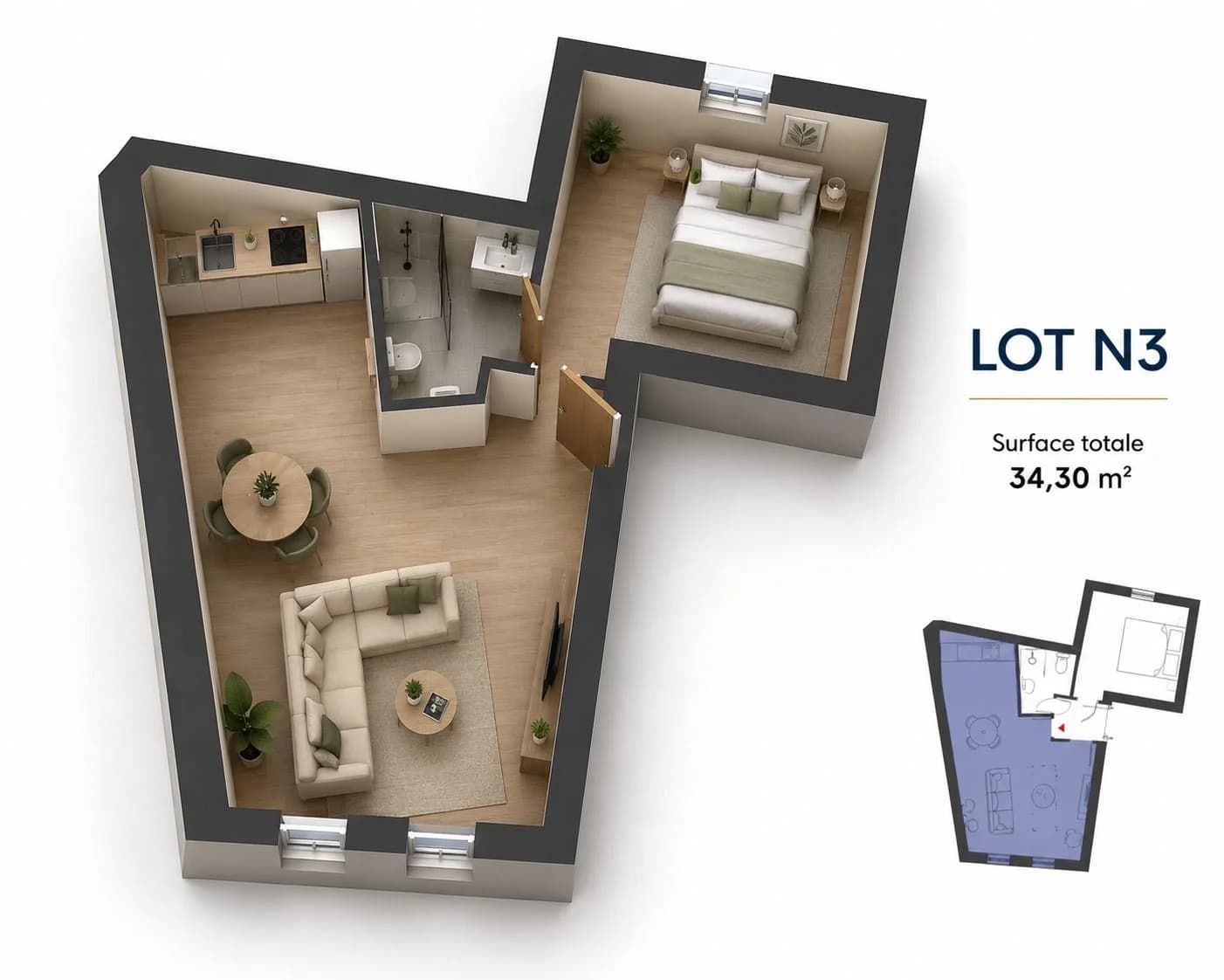 Vue 3D meublée du lot 3, T2 de 34,44 m² au premier étage (projection après travaux, non contractuelle)