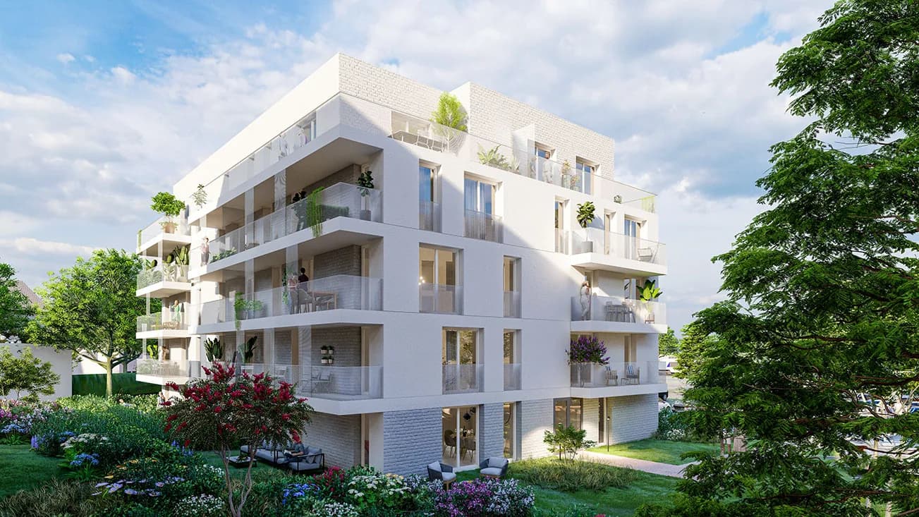 Le Square des Arts à Clermont : immeuble blanc à balcons dans un parc arboré