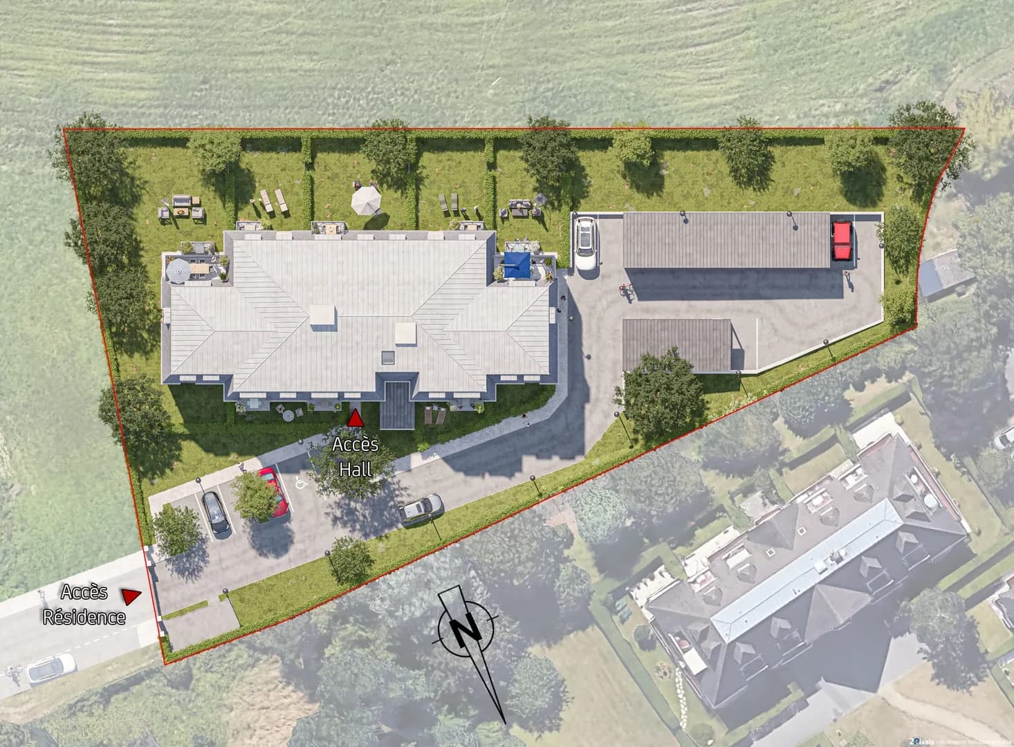 Plan de masse des Loges de Clairefontaine à Bénerville-sur-Mer : vue aérienne de la résidence, de son stationnement et de ses jardins