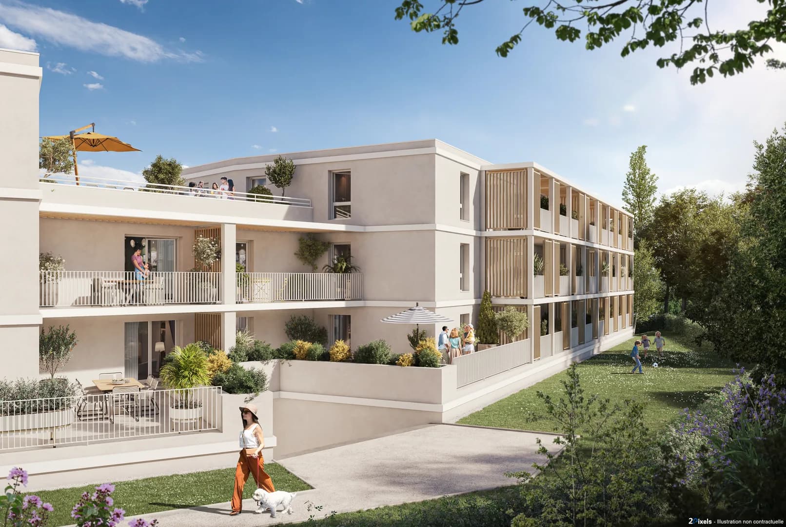 Les Terrasses de la Baie à Donville-les-Bains : immeuble neuf aux façades claires, balcons filants et terrasses, jardin fleuri en pente