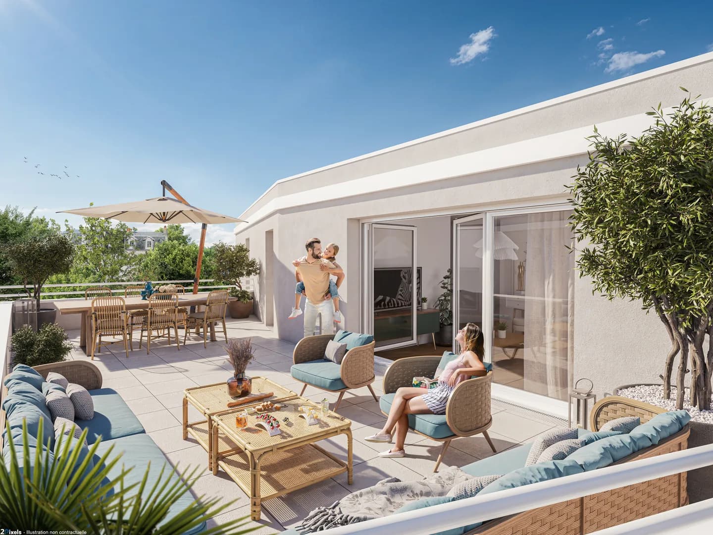 Grande terrasse en attique aux Terrasses de la Baie : salon d'extérieur, table sous parasol et vue sur les toits de Donville-les-Bains