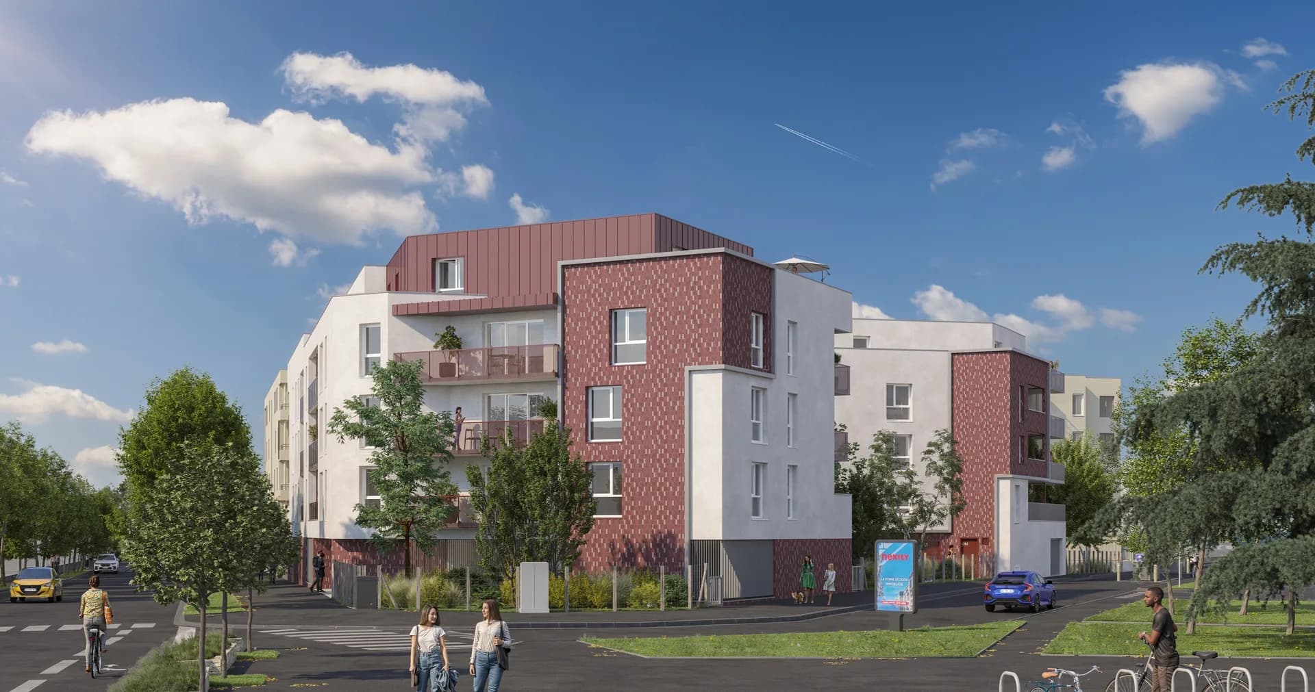 Louise Sainte-Martine à Sotteville-lès-Rouen : résidence neuve en brique rouge et enduit blanc, balcons, à l'angle de la rue de Paris