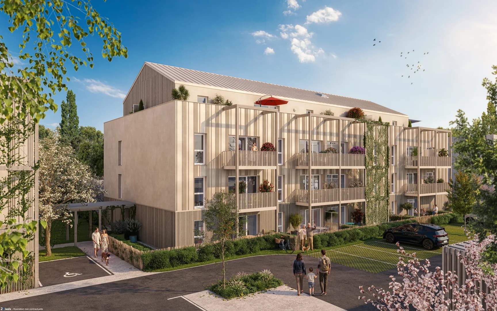 Manufacture au Petit-Quevilly : immeuble neuf à bardage bois clair, balcons et jardins plantés, allée d'entrée