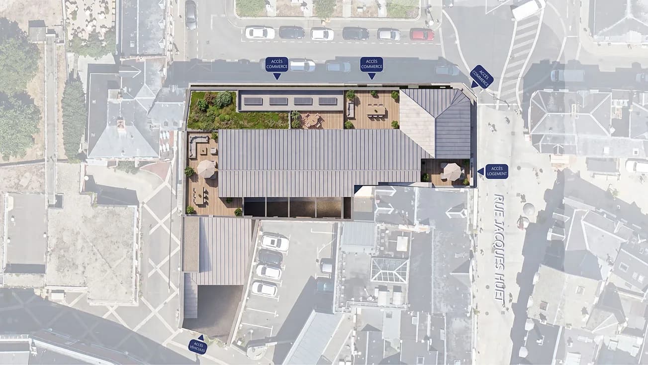 Plan de masse : le bâtiment et ses terrasses végétalisées en cœur d'îlot, vue aérienne