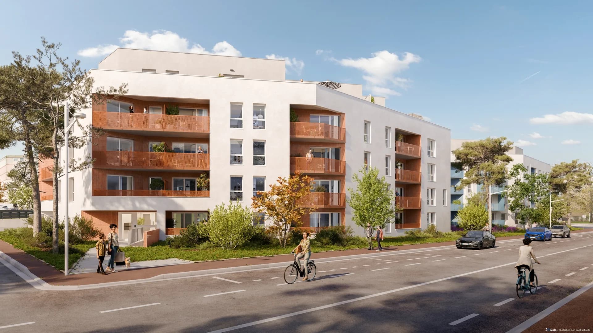 Résidence Saint-Exupéry à Mont-Saint-Aignan : immeuble neuf de quatre étages, balcons à garde-corps cuivrés, cyclistes sur la rue arborée