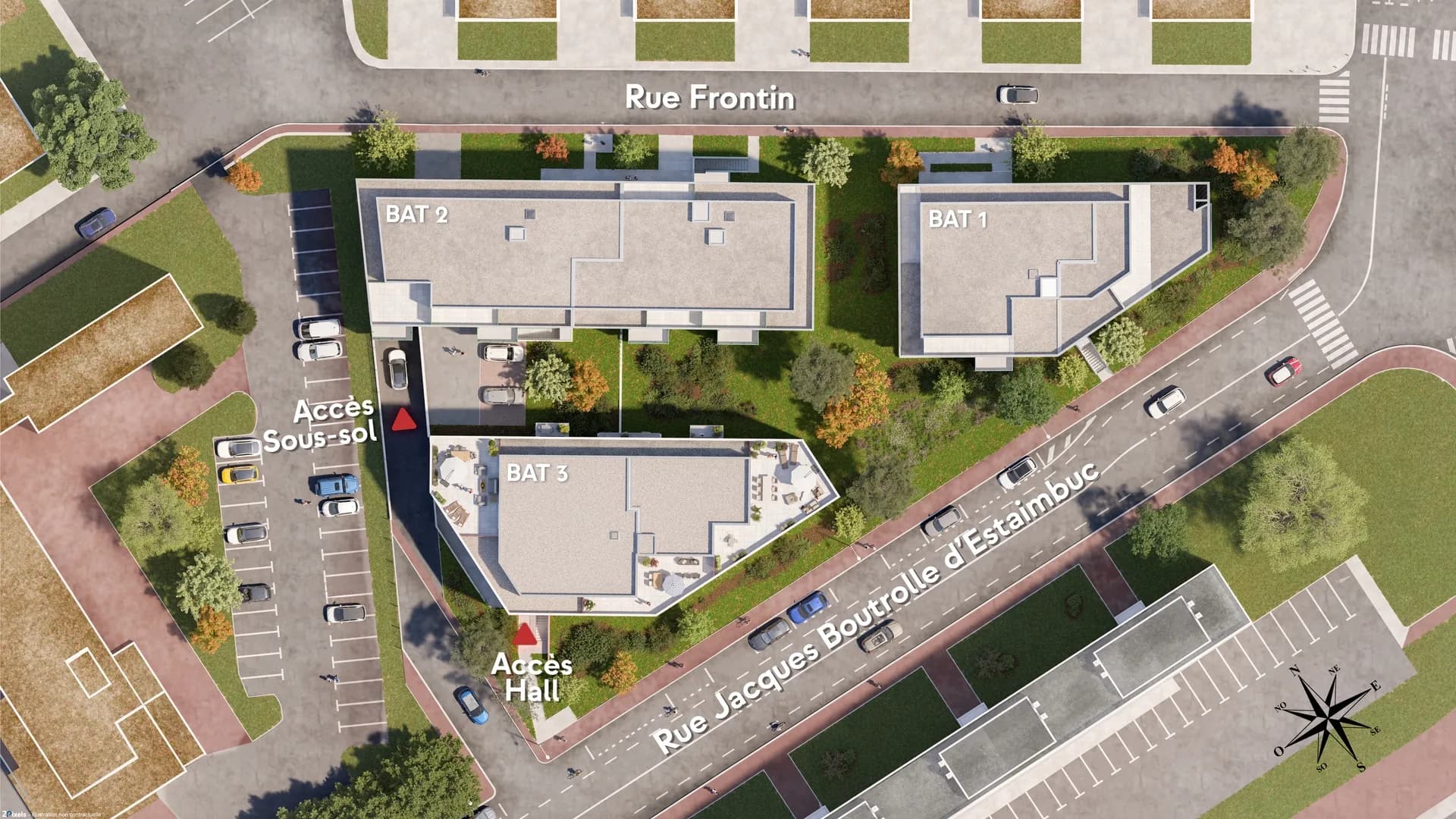 Plan de masse de la Résidence Saint-Exupéry : trois bâtiments entre la rue Frontin et la rue Jacques-Boutrolle-d'Estaimbuc, accès au parking en sous-sol
