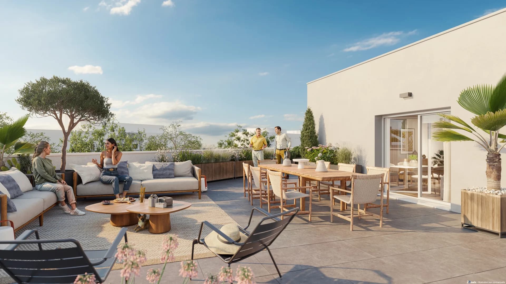 Terrasse en attique de la Résidence Saint-Exupéry : salon d'extérieur, table dressée et vue dégagée sur la vallée