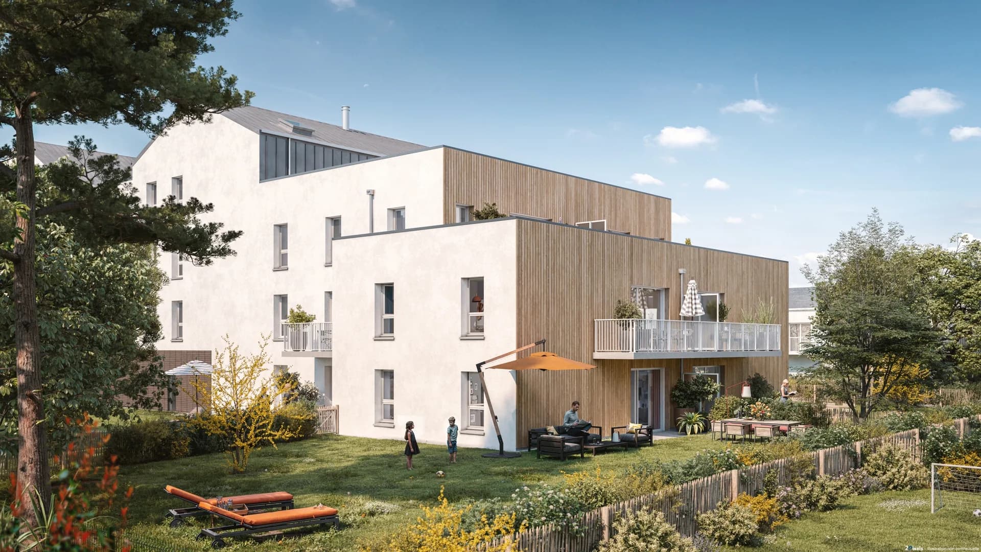 Résidence Valvert à Val-de-Reuil : immeuble neuf à façade blanche et bardage bois, balcon d'angle, jardin et transats au premier plan