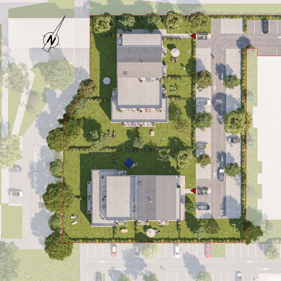 Plan de masse de la résidence Valvert : deux bâtiments autour d'un jardin central, stationnement le long de la voie
