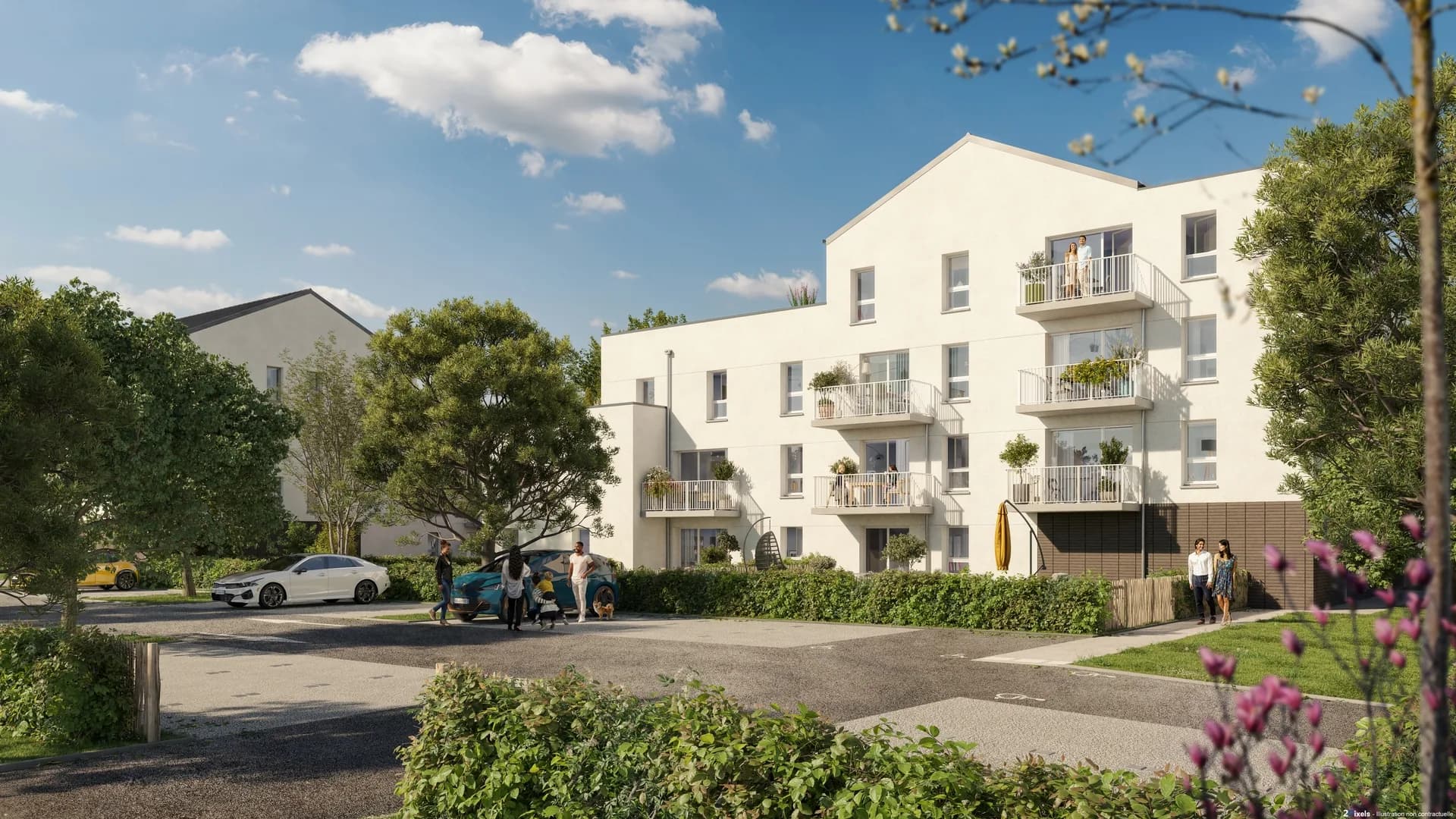 Résidence Valvert vue de la rue à Val-de-Reuil : immeubles blancs à balcons, stationnement et haies fleuries