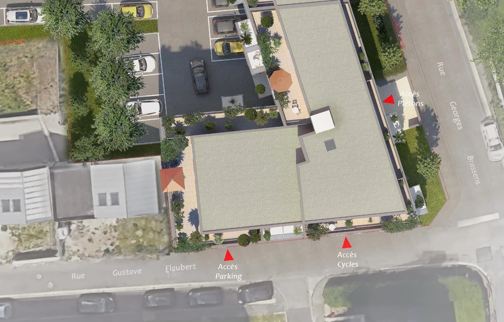 Plan de masse vu du ciel : les deux ailes de la résidence à l’angle de la rue Gustave-Flaubert et de la rue Georges-Brassens, avec les accès parking, cycles et piétons repérés en rouge
